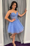 Blue A-Line Sweetheart Lace Up Short Tiered Tulle Homecoming Dress