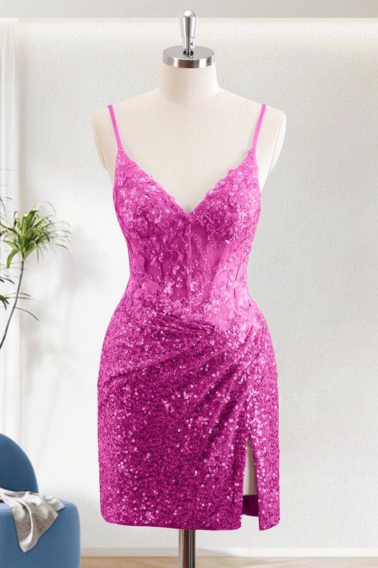 Sparkly Fuchsia Bodycon V-Neck Short Corset Homecoming Dress With Slit