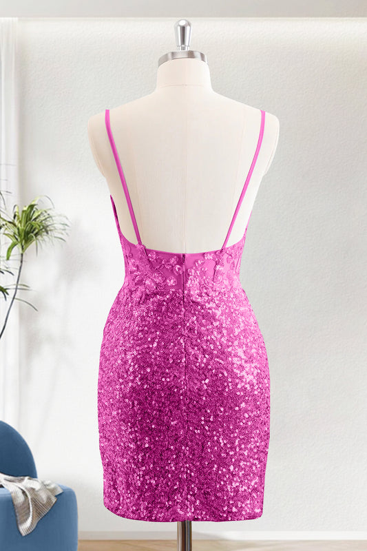 Sparkly Fuchsia Bodycon V-Neck Short Corset Homecoming Dress With Slit