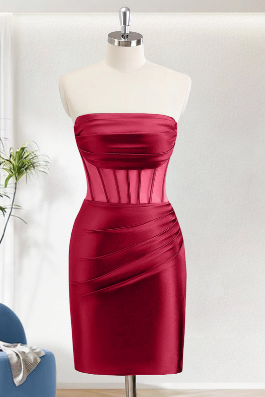 Dark Red Bodycon Strapless Short Corset Homecoming Dress