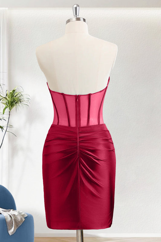 Dark Red Bodycon Strapless Short Corset Homecoming Dress