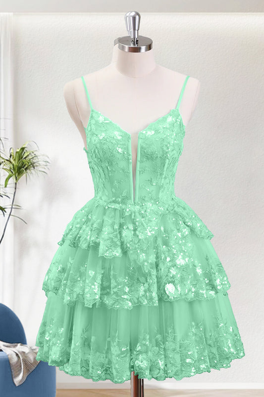 Sparkly Tiered Green A-Line Spaghetti Straps  Homecoming Dress