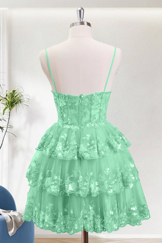 Sparkly Tiered Green A-Line Spaghetti Straps  Homecoming Dress