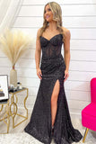 Black Sequin Corset Prom Gown