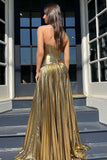 Metallic Gold Strapless Prom Dress with Slit