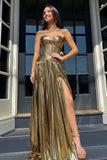 Metallic Gold Strapless Prom Dress with Slit