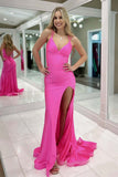 Open Back Slit Hot Pink Prom Dress