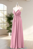 Dusty Rose Ruffled A Line Backless Floor Bridesmaid Dress with Lace-up Back