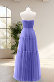 Purple A Line Strapless Tulle Eucalyptus Bridesmaid Dress