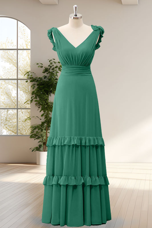 Green A Line Chiffon Ruched Floor Bridesmaid Dress with Ruffles