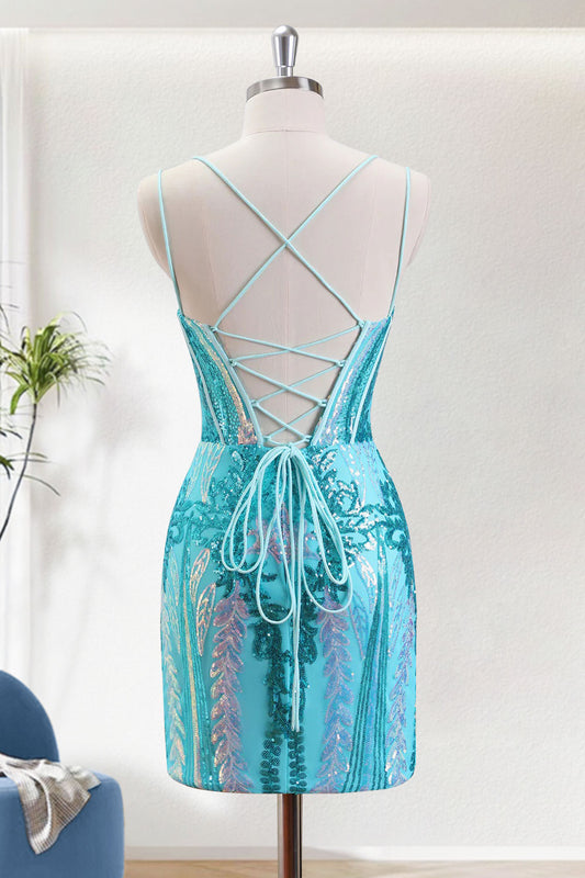 Blue Mermaid Spaghetti Strap Sparkly Homecoming Dress with Lace-up