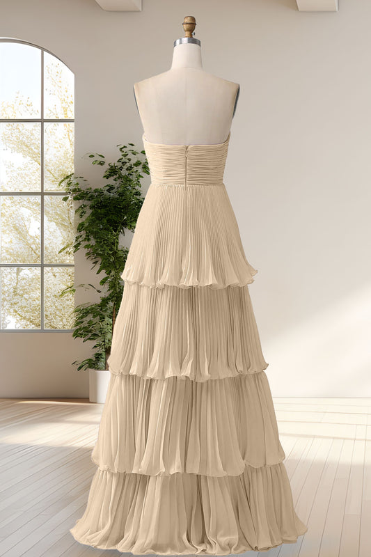 A Line Strapless Champagne Sweetheart Bridesmaid Dress with Pleated