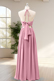 Dusty Rose Ruffled A Line Backless Floor Bridesmaid Dress with Lace-up Back