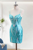 Blue Mermaid Spaghetti Strap Sparkly Homecoming Dress with Lace-up