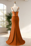 Sparkly Orange Mermaid Beaded Pleated Corset Long Maxi Dress with Slit