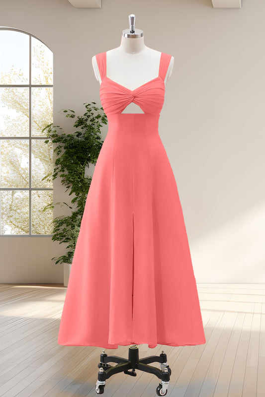 Pink Keyhole A Line Tea Length Bridesmaid Dress