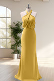 Yellow Halter Sheath Satin Floor Length Bridesmaid Dress