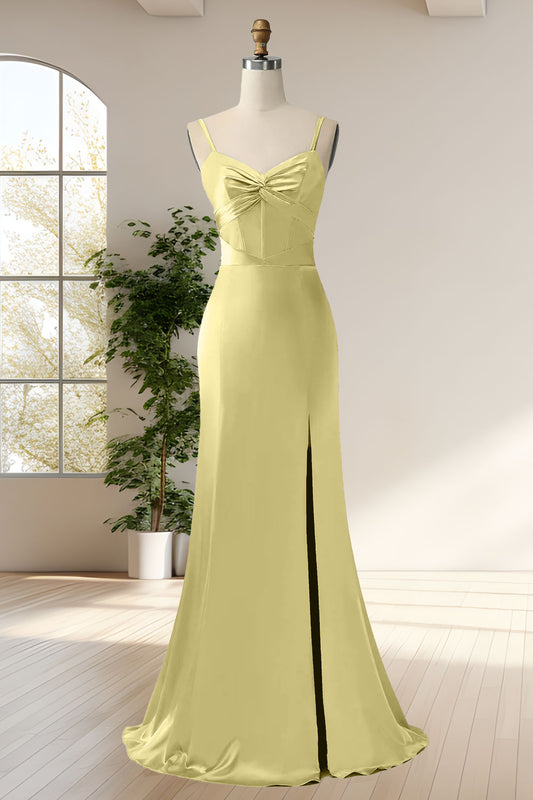 Yellow Mermaid Spaghetti Straps Lace-up Back Corset Maxi Dress With Slit