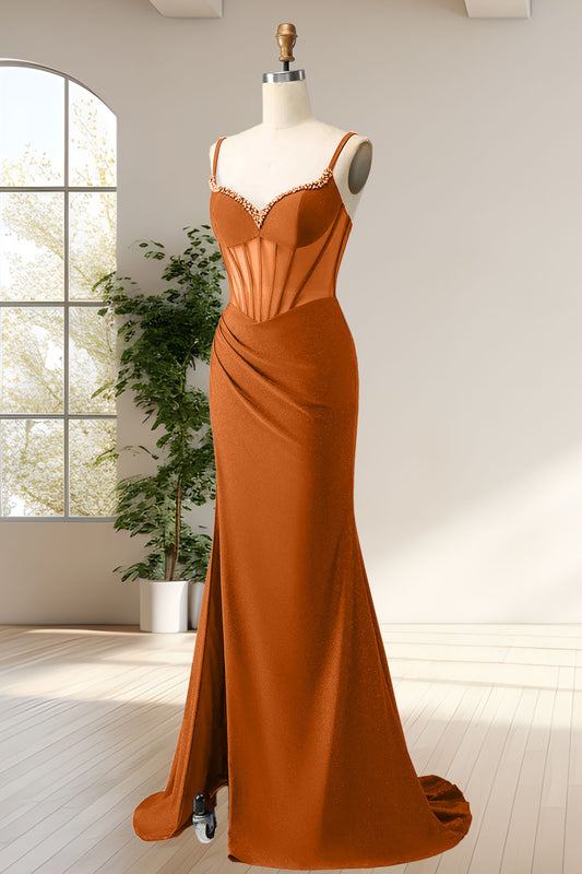 Sparkly Orange Mermaid Beaded Pleated Corset Long Maxi Dress with Slit