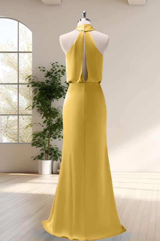 Yellow Halter Sheath Satin Floor Length Bridesmaid Dress