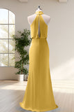 Yellow Halter Sheath Satin Floor Length Bridesmaid Dress