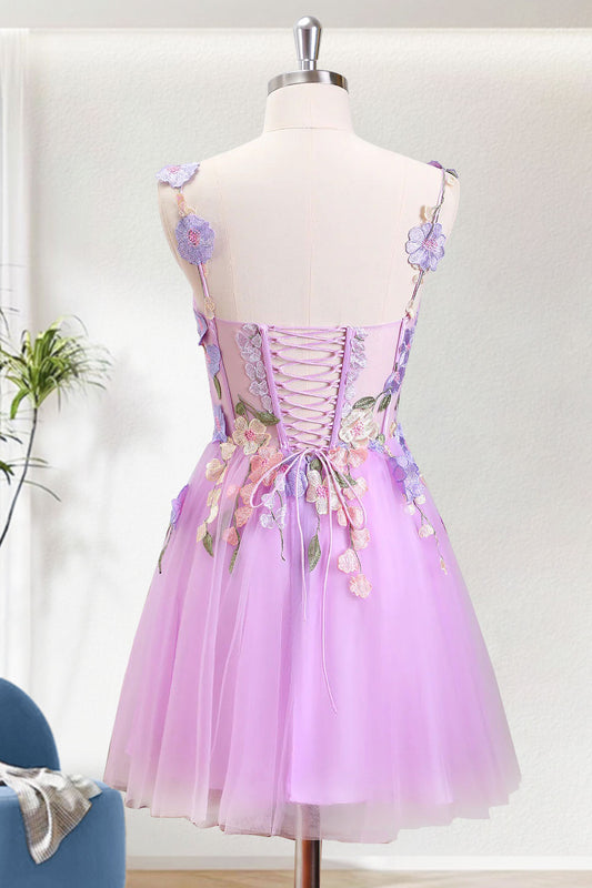 Purple A Line Cute Short Tulle Homecoming Dress with 3D Flowers