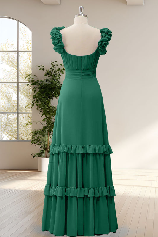 Green A Line Chiffon Ruched Floor Bridesmaid Dress with Ruffles