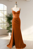 Sparkly Orange Mermaid Beaded Pleated Corset Long Maxi Dress with Slit