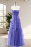 Purple A Line Strapless Tulle Eucalyptus Bridesmaid Dress