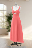 Pink Keyhole A Line Tea Length Bridesmaid Dress