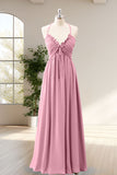 Dusty Rose Ruffled A Line Backless Floor Bridesmaid Dress with Lace-up Back