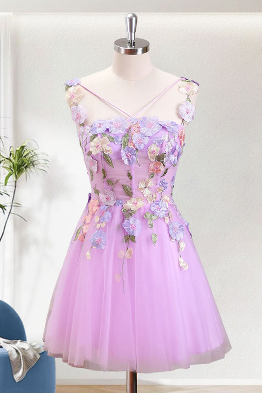 Purple A Line Cute Short Tulle Homecoming Dress with 3D Flowers