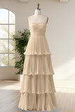 A Line Strapless Champagne Sweetheart Bridesmaid Dress with Pleated