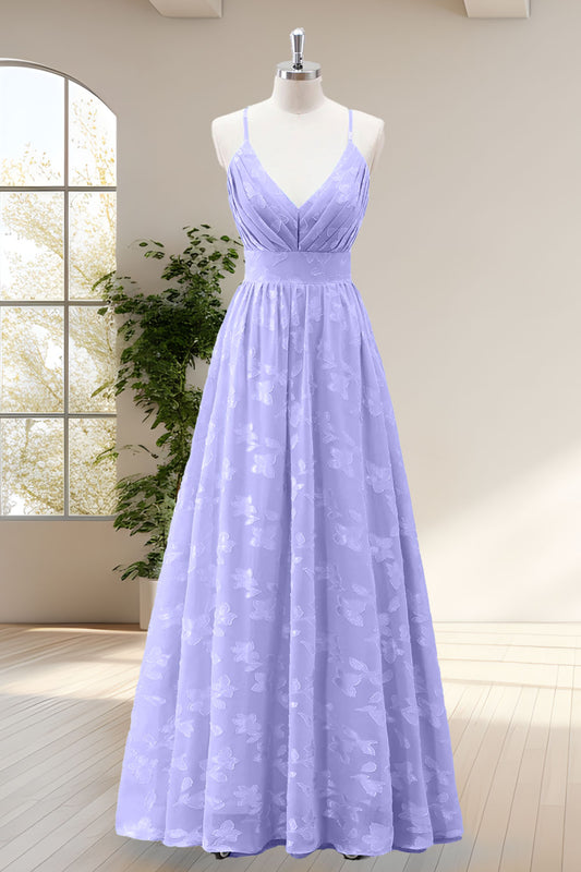 Lilac A Line Pleated Maxi Dress with Butterfly Appliques