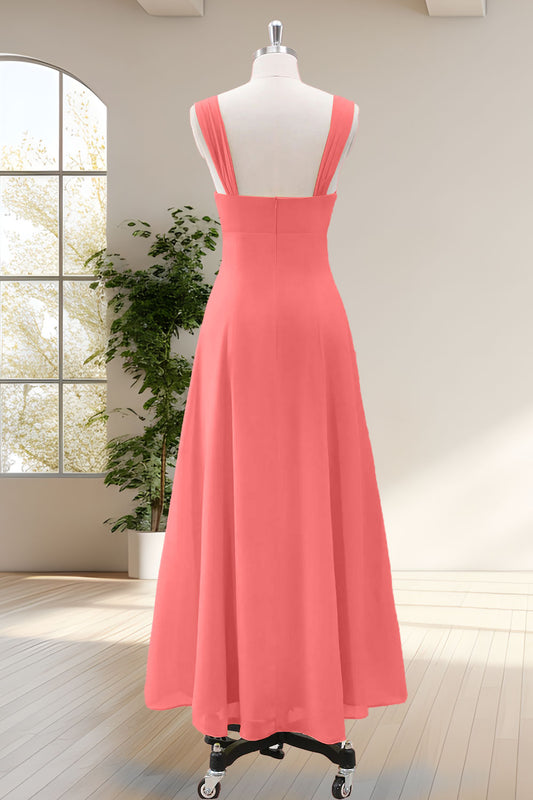 Pink Keyhole A Line Tea Length Bridesmaid Dress