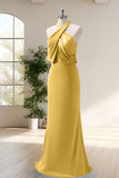 Yellow Halter Sheath Satin Floor Length Bridesmaid Dress