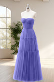 Purple A Line Strapless Tulle Eucalyptus Bridesmaid Dress