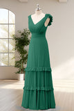 Green A Line Chiffon Ruched Floor Bridesmaid Dress with Ruffles