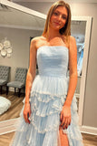 Light Blue Ruffle Strapless Prom Dress