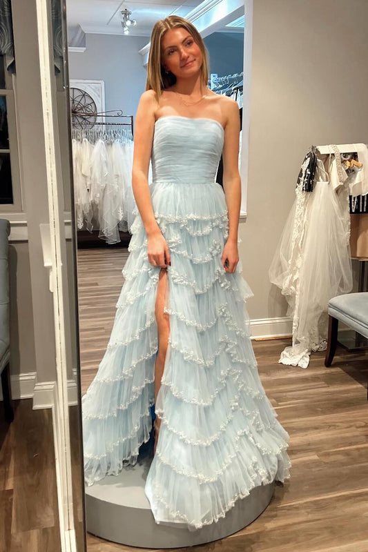 Light Blue Ruffle Strapless Prom Dress