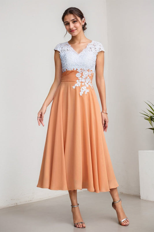 Orange A-Line/Princess Chiffon V-neck Sleeveless Tea-Length Mother of the Bride Dress With Applique Lace