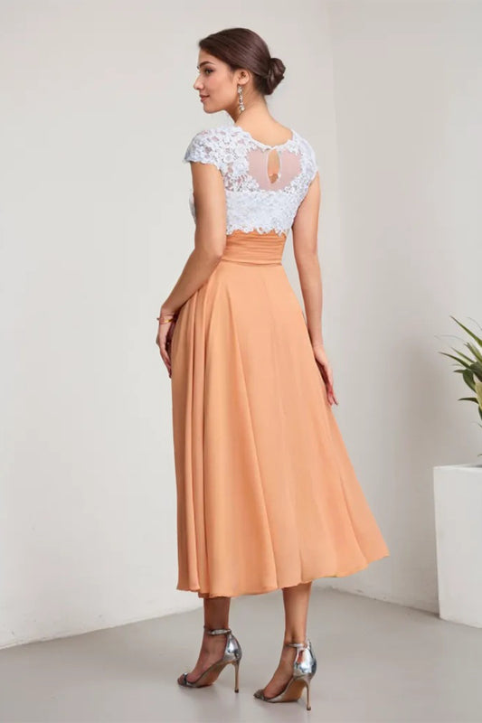 Orange A-Line/Princess Chiffon V-neck Sleeveless Tea-Length Mother of the Bride Dress With Applique Lace