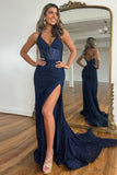 Navy Corset Lace Prom Dress with Slit