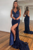 Navy Corset Lace Prom Dress with Slit