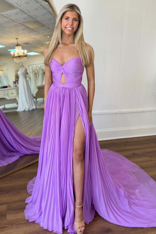 Lilac Pleated Slit Strapless Prom Dress