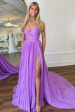 Lilac Pleated Slit Strapless Prom Dress