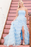 Light Blue Ruffle Strapless Prom Dress