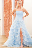 Light Blue Ruffle Strapless Prom Dress